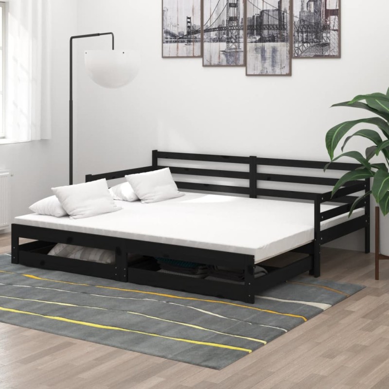 Ausziehbares Tagesbett 2x(90x200) cm Schwarz Massivholz Kiefer Ausziehbares Tagesbett 2x(90x200) cm Schwarz Massivholz Kiefer