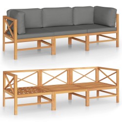3-Sitzer-Gartensofa mit Grauen Kissen Massivholz Teak