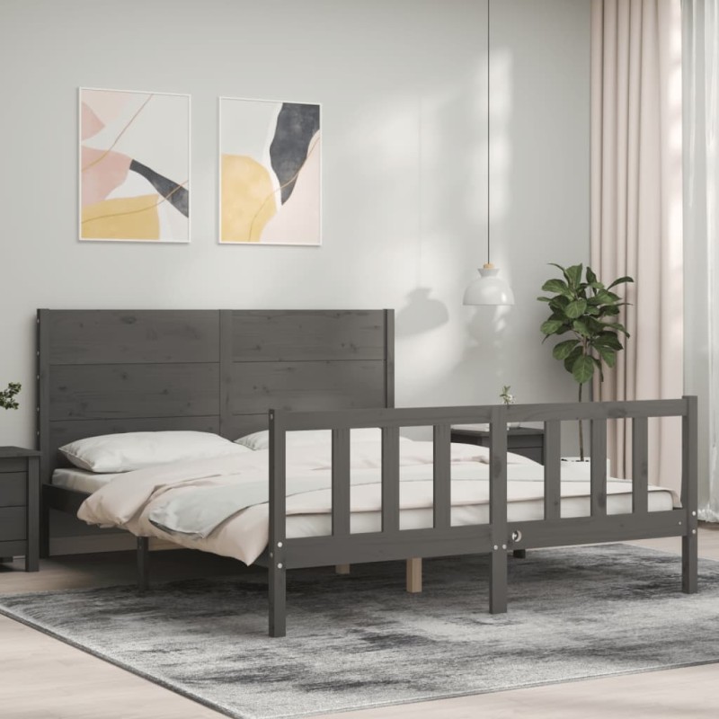 Massivholzbett mit Kopfteil Grau Massivholzbett mit Kopfteil Grau