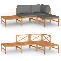 vidaXL 4-tlg. Garten-Lounge-Set mit Grauen Kissen Massivholz Teak
