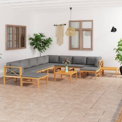 12-tlg. Garten-Lounge-Set mit Grauen Kissen Massivholz Teak