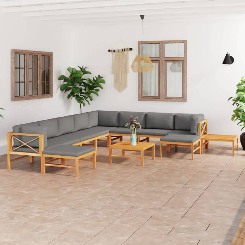 12-tlg. Garten-Lounge-Set mit Grauen Kissen Massivholz Teak 12-tlg. Garten-Lounge-Set mit Grauen Kissen Massivholz Teak