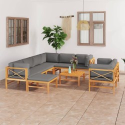 10-tlg. Garten-Lounge-Set mit Grauen Kissen Massivholz Teak
