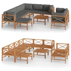 10-tlg. Garten-Lounge-Set mit Grauen Kissen Massivholz Teak