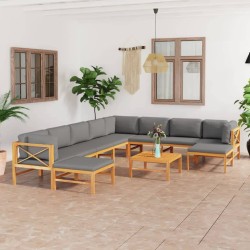 11-tlg. Garten-Lounge-Set mit Grauen Kissen Massivholz Teak