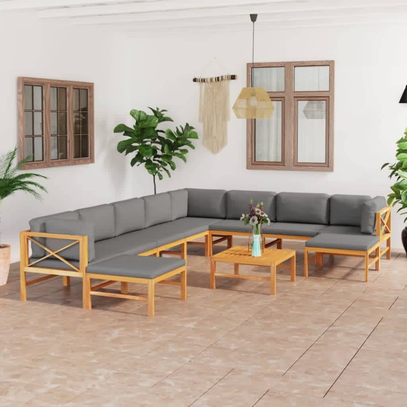 11-tlg. Garten-Lounge-Set mit Grauen Kissen Massivholz Teak