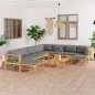 11-tlg. Garten-Lounge-Set mit Grauen Kissen Massivholz Teak