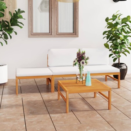 4-tlg. Garten-Lounge-Set mit Creme Kissen Massivholz Teak