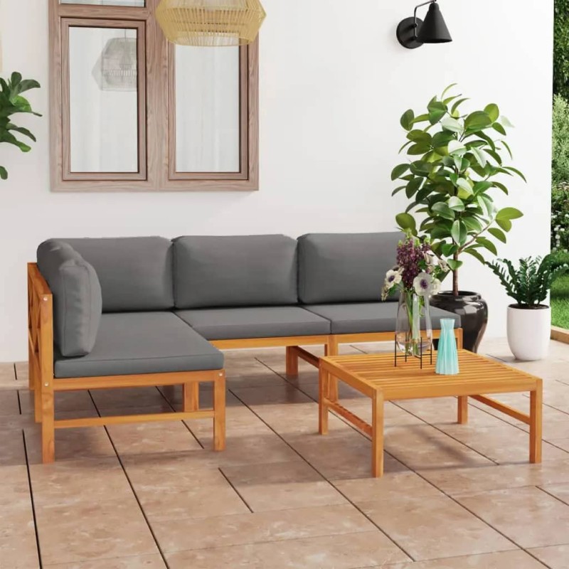 vidaXL 5-tlg. Garten-Lounge-Set mit Grauen Kissen Massivholz Teak