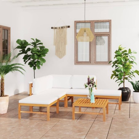 6-tlg. Garten-Lounge-Set mit Creme Kissen Massivholz Teak