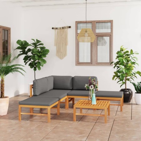 6-tlg. Garten-Lounge-Set mit Grauen Kissen Massivholz Teak