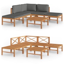 6-tlg. Garten-Lounge-Set mit Grauen Kissen Massivholz Teak