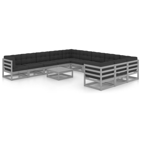 12-tlg. Garten-Lounge-Set mit Kissen Grau Kiefer Massivholz
