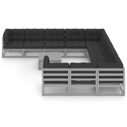 12-tlg. Garten-Lounge-Set mit Kissen Grau Kiefer Massivholz