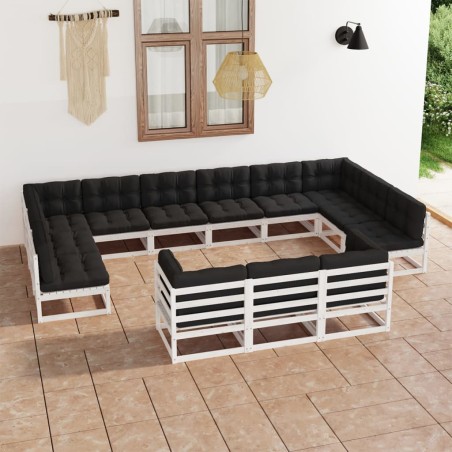 13-tlg. Garten-Lounge-Set mit Kissen Weiß Kiefer Massivholz