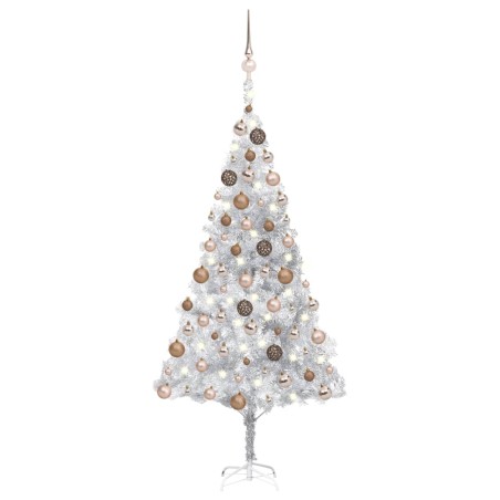 Künstlicher Weihnachtsbaum mit LEDs & Kugeln Silbern 180 cm PET