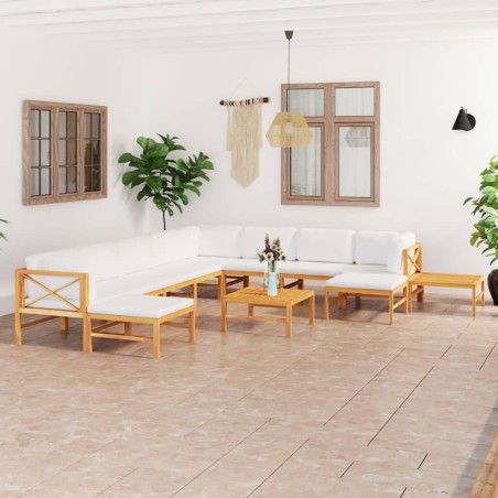 vidaXL 12-tlg. Garten-Lounge-Set mit Creme Kissen Massivholz Teak