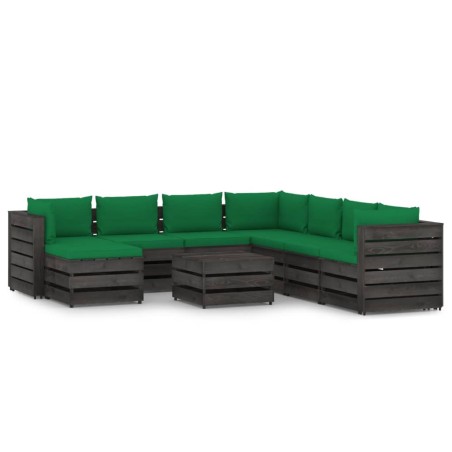9-tlg. Garten-Lounge-Set mit Kissen Grau Imprägniertes Holz