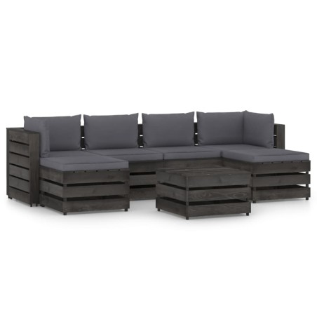 7-tlg. Garten-Lounge-Set mit Kissen Grau Imprägniertes Holz