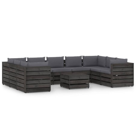 vidaXL 10-tlg. Garten-Lounge-Set mit Kissen Grau Imprägniertes Holz
