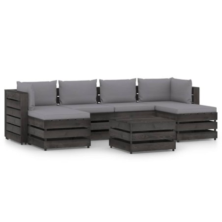 7-tlg. Garten-Lounge-Set mit Kissen Grau Imprägniertes Holz