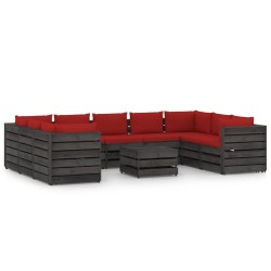 10-tlg. Garten-Lounge-Set mit Kissen Grau Imprägniertes Holz
