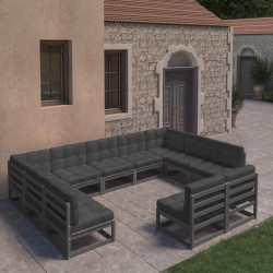 11-tlg. Garten-Lounge-Set mit Kissen Schwarz Massivholz Kiefer