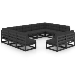 11-tlg. Garten-Lounge-Set mit Kissen Schwarz Massivholz Kiefer