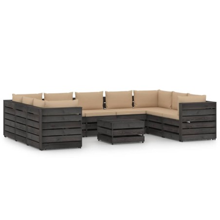 10-tlg. Garten-Lounge-Set mit Kissen Grau Imprägniertes Holz