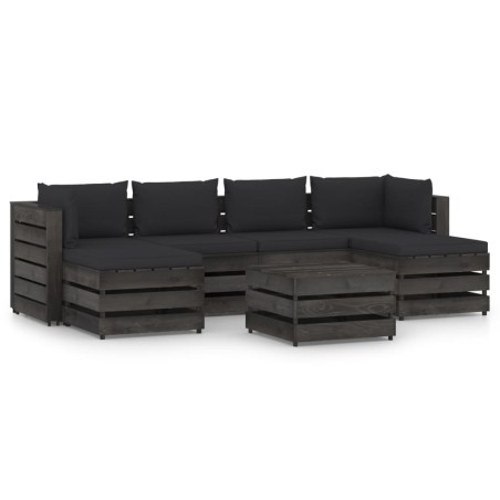 7-tlg. Garten-Lounge-Set mit Kissen Grau Imprägniertes Holz