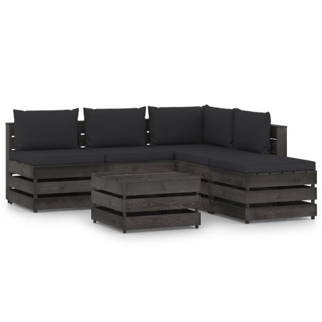 6-tlg. Garten-Lounge-Set mit Kissen Grau Imprägniertes Holz