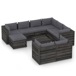 10-tlg. Garten-Lounge-Set mit Kissen Grau Imprägniertes Holz