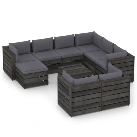 10-tlg. Garten-Lounge-Set mit Kissen Grau Imprägniertes Holz