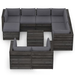 10-tlg. Garten-Lounge-Set mit Kissen Grau Imprägniertes Holz
