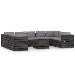 10-tlg. Garten-Lounge-Set mit Kissen Grau Imprägniertes Holz