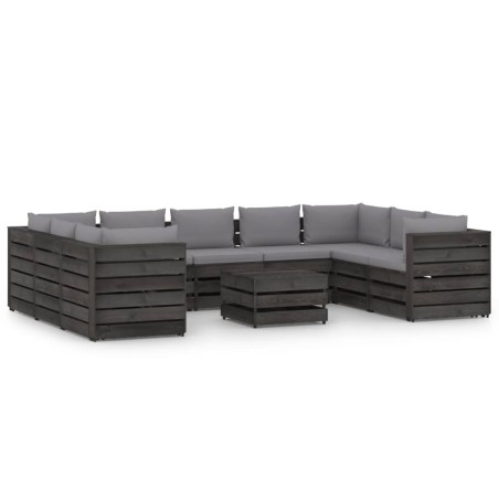 10-tlg. Garten-Lounge-Set mit Kissen Grau Imprägniertes Holz