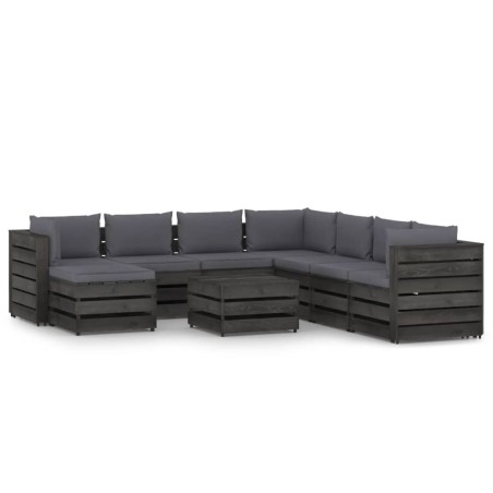 9-tlg. Garten-Lounge-Set mit Kissen Grau Imprägniertes Holz