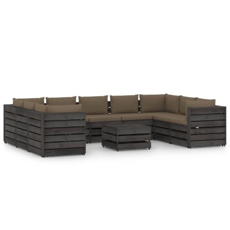 10-tlg. Garten-Lounge-Set mit Kissen Grau Imprägniertes Holz