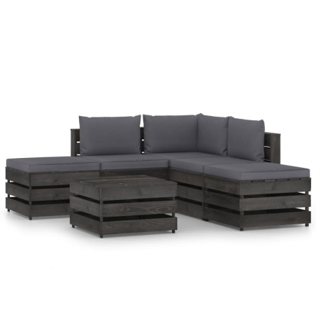 6-tlg. Garten-Lounge-Set mit Kissen Grau Imprägniertes Holz