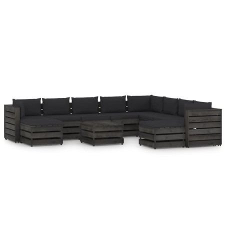11-tlg. Garten-Lounge-Set mit Kissen Grau Imprägniertes Holz