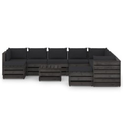 11-tlg. Garten-Lounge-Set mit Kissen Grau Imprägniertes Holz
