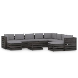 11-tlg. Garten-Lounge-Set mit Kissen Grau Imprägniertes Holz