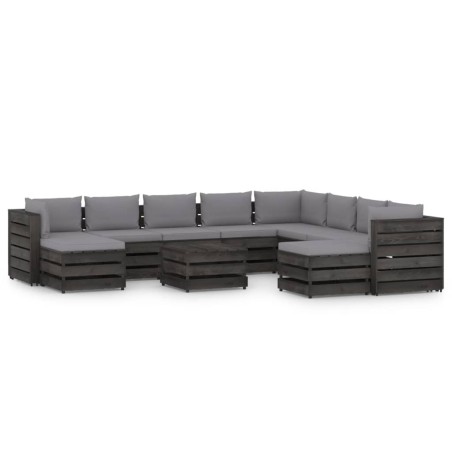 11-tlg. Garten-Lounge-Set mit Kissen Grau Imprägniertes Holz