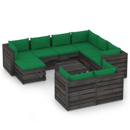 10-tlg. Garten-Lounge-Set mit Kissen Grau Imprägniertes Holz