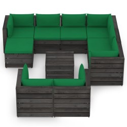 10-tlg. Garten-Lounge-Set mit Kissen Grau Imprägniertes Holz