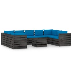 10-tlg. Garten-Lounge-Set mit Kissen Grau Imprägniertes Holz