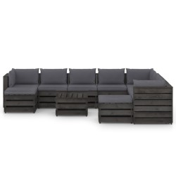 11-tlg. Garten-Lounge-Set mit Kissen Grau Imprägniertes Holz