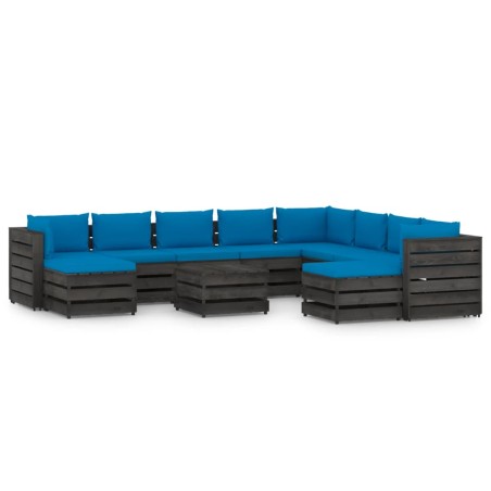 11-tlg. Garten-Lounge-Set mit Kissen Grau Imprägniertes Holz