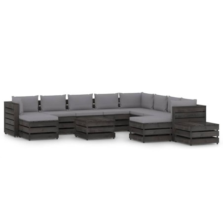 12-tlg. Garten-Lounge-Set mit Kissen Grau Imprägniertes Holz