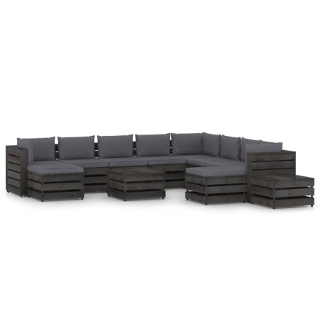 12-tlg. Garten-Lounge-Set mit Kissen Grau Imprägniertes Holz